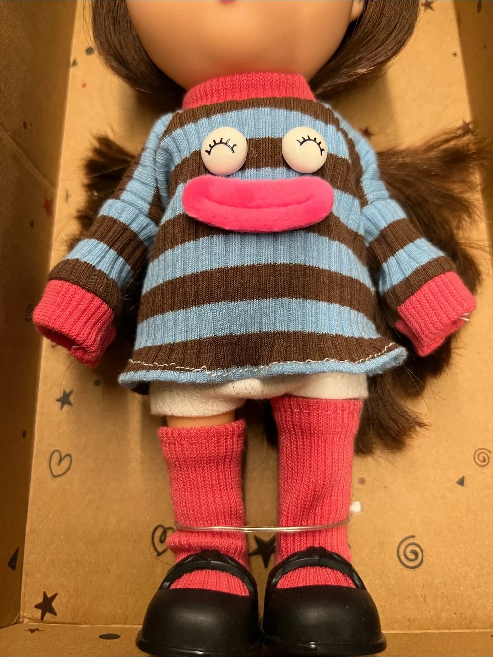 New, Mia Brown Hair Doll in Blue & Brown Striped Outfit with Pink Accents